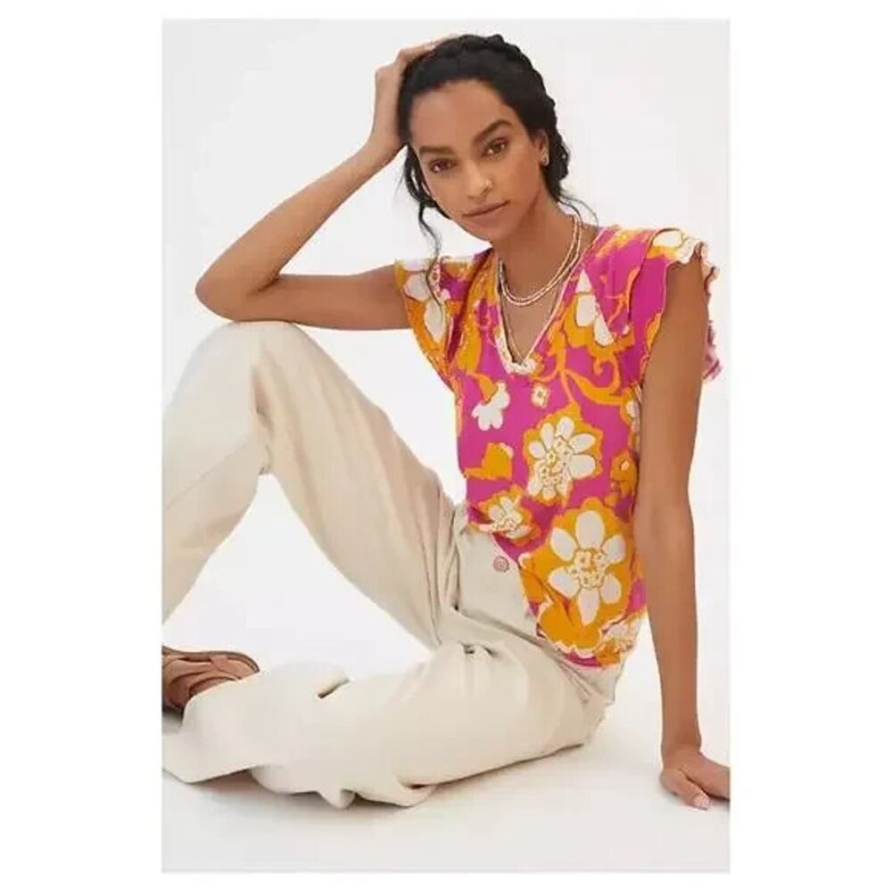 Antrhoplogie Maeve Top L Floral Ruffle Blouse Organic Cotton Blend Pullover